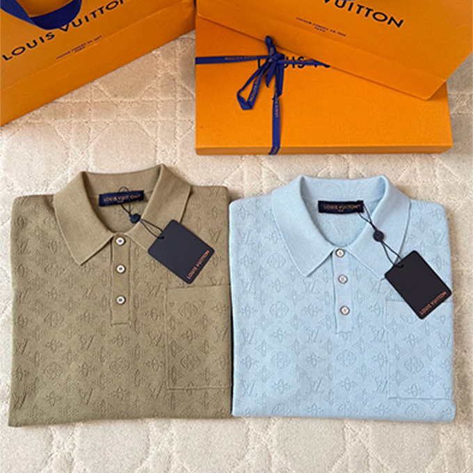 lv louis vuitton allover hollow jacquard knit short sleeve polo shirt